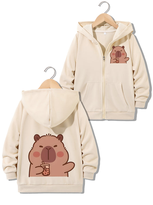Capybara Hoodie Jacket, Trendy Milk Tea Design, Zip-Up