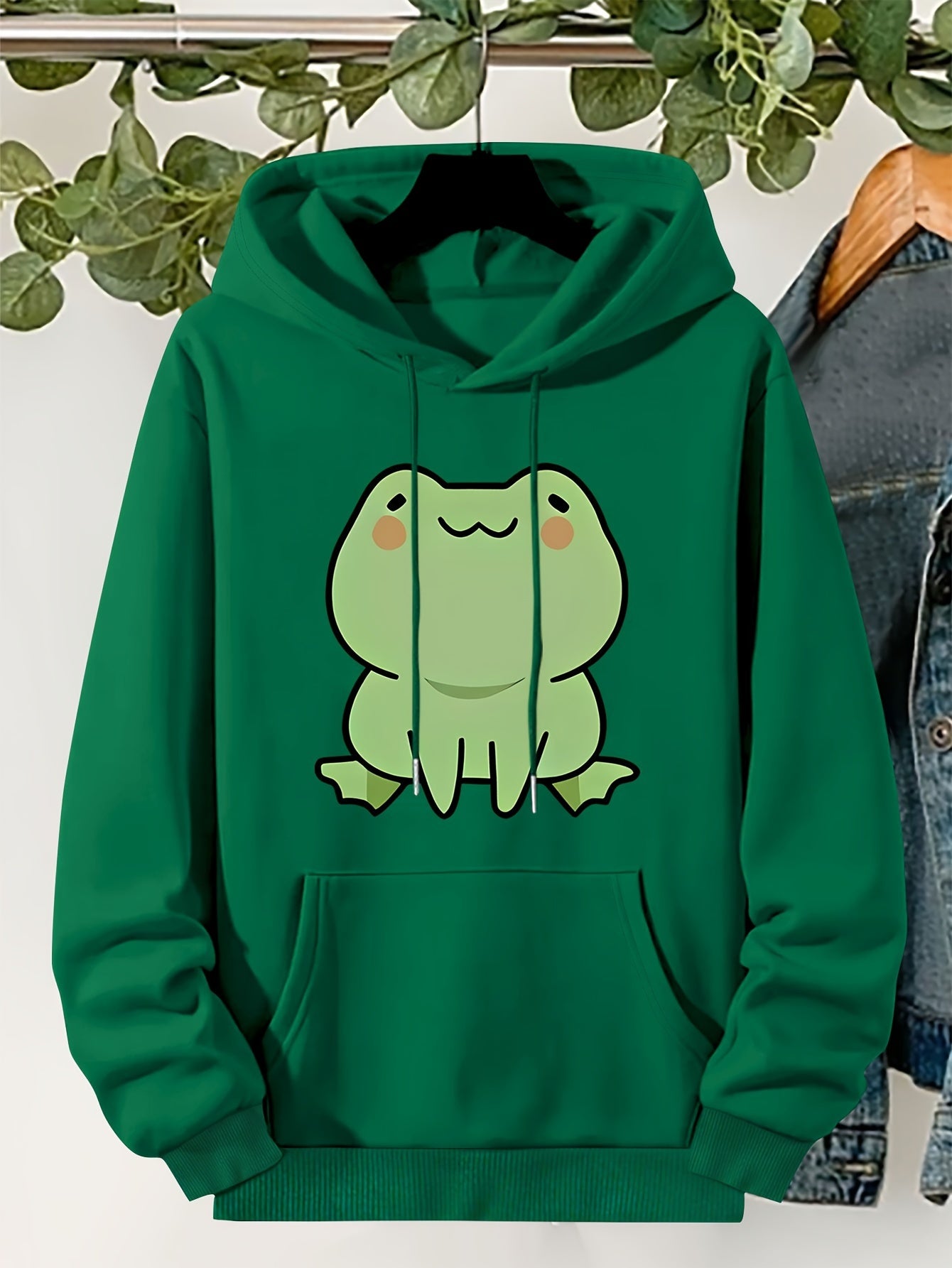 Plus Size Cute Frog Print Drawstring Hoodie - Relaxed Fit