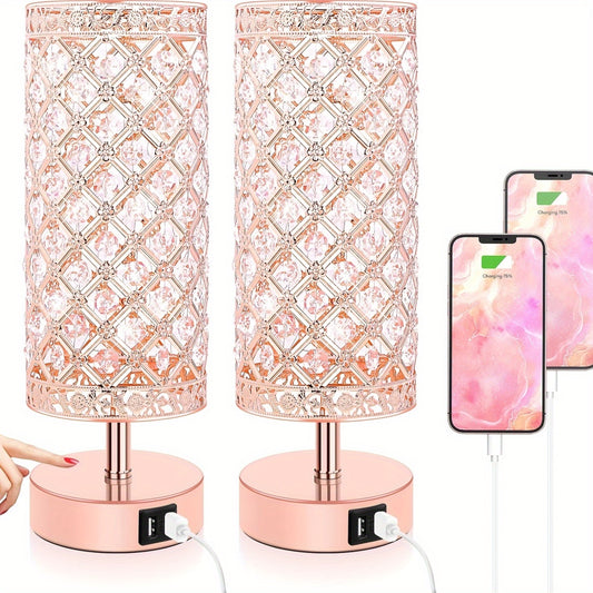 Kawaii Cute Crystal Table Lamps 2-Pack with USB Ports, 3-Way Dimmable