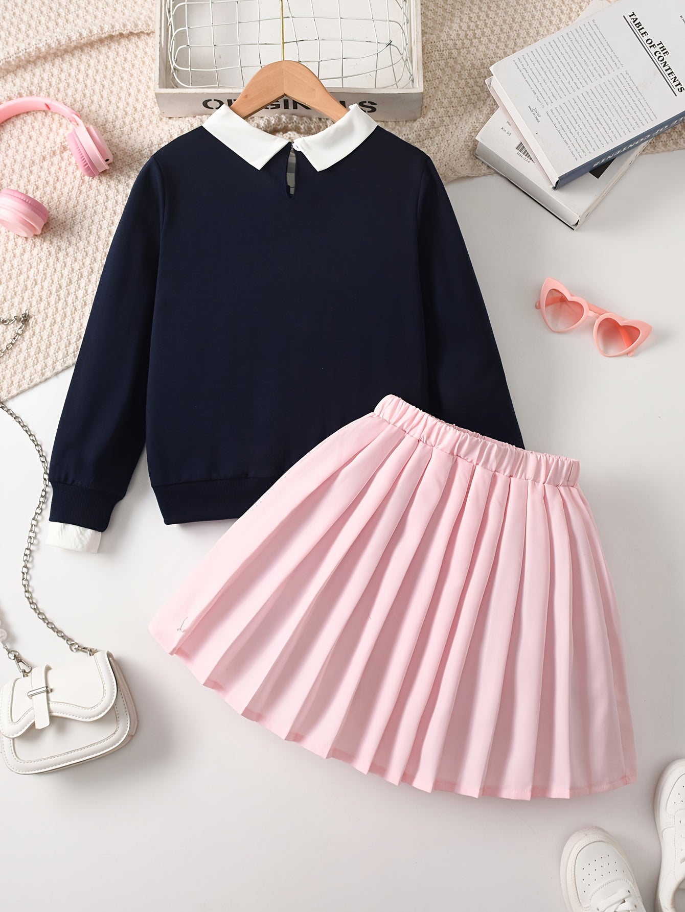 Girl's Letter Print Faux Two-Piece Shirt Collar Long Sleeve Sweatshirt + Skirt, 2pcs Outfit