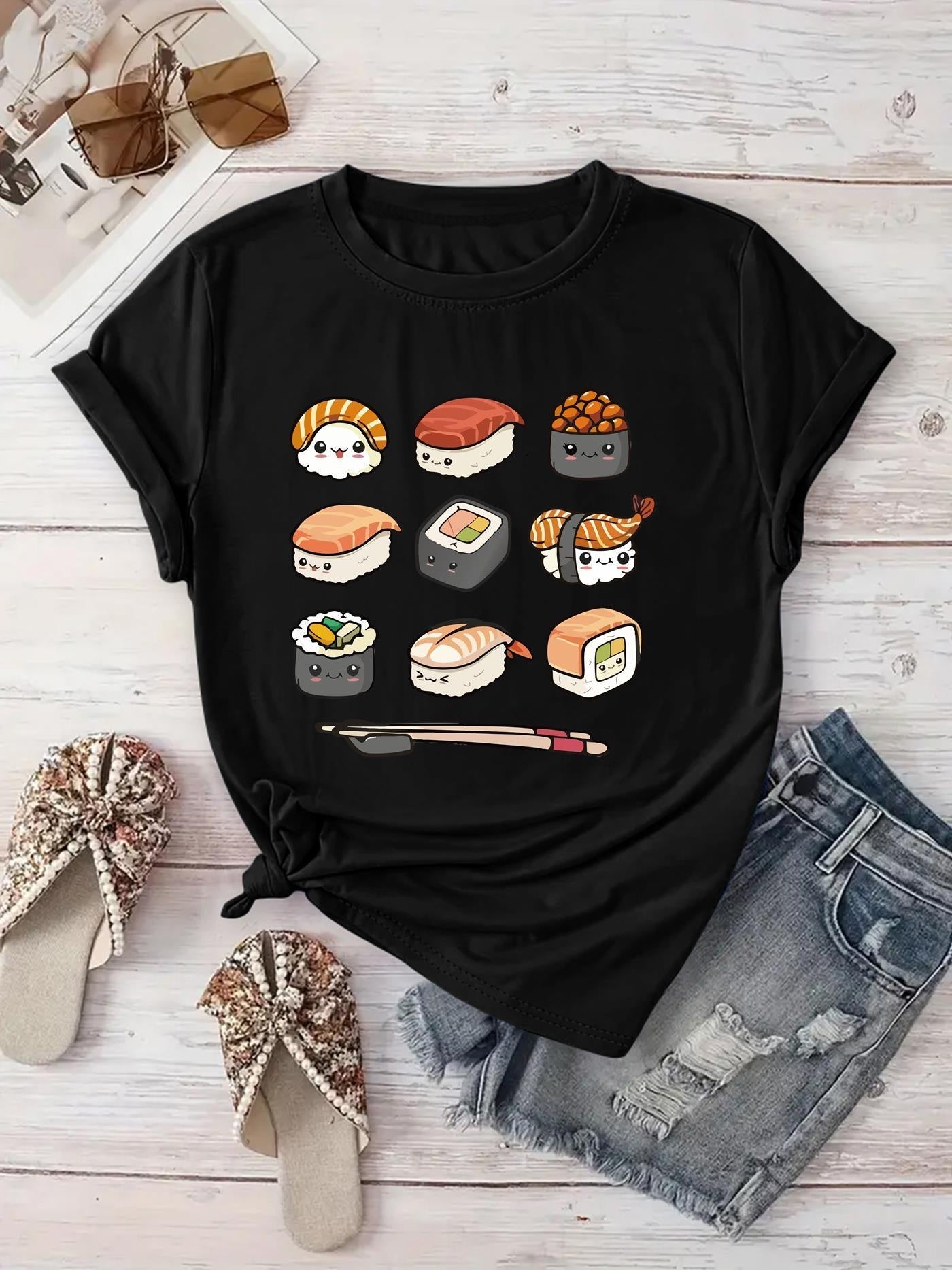 Women's Casual Sushi Print T-Shirt