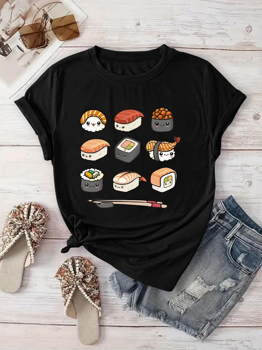 Women's Casual Sushi Print T-Shirt