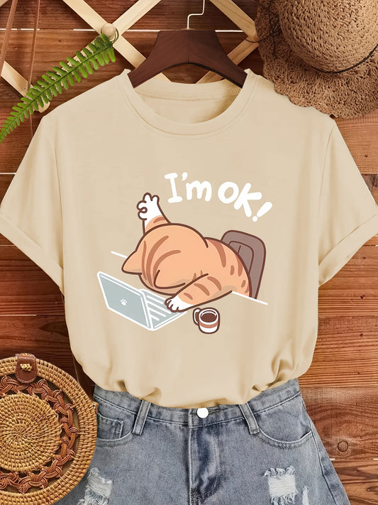 Cute Graphic Tee Relaxed Fit Cute Cat Illustration "I'm OK!"