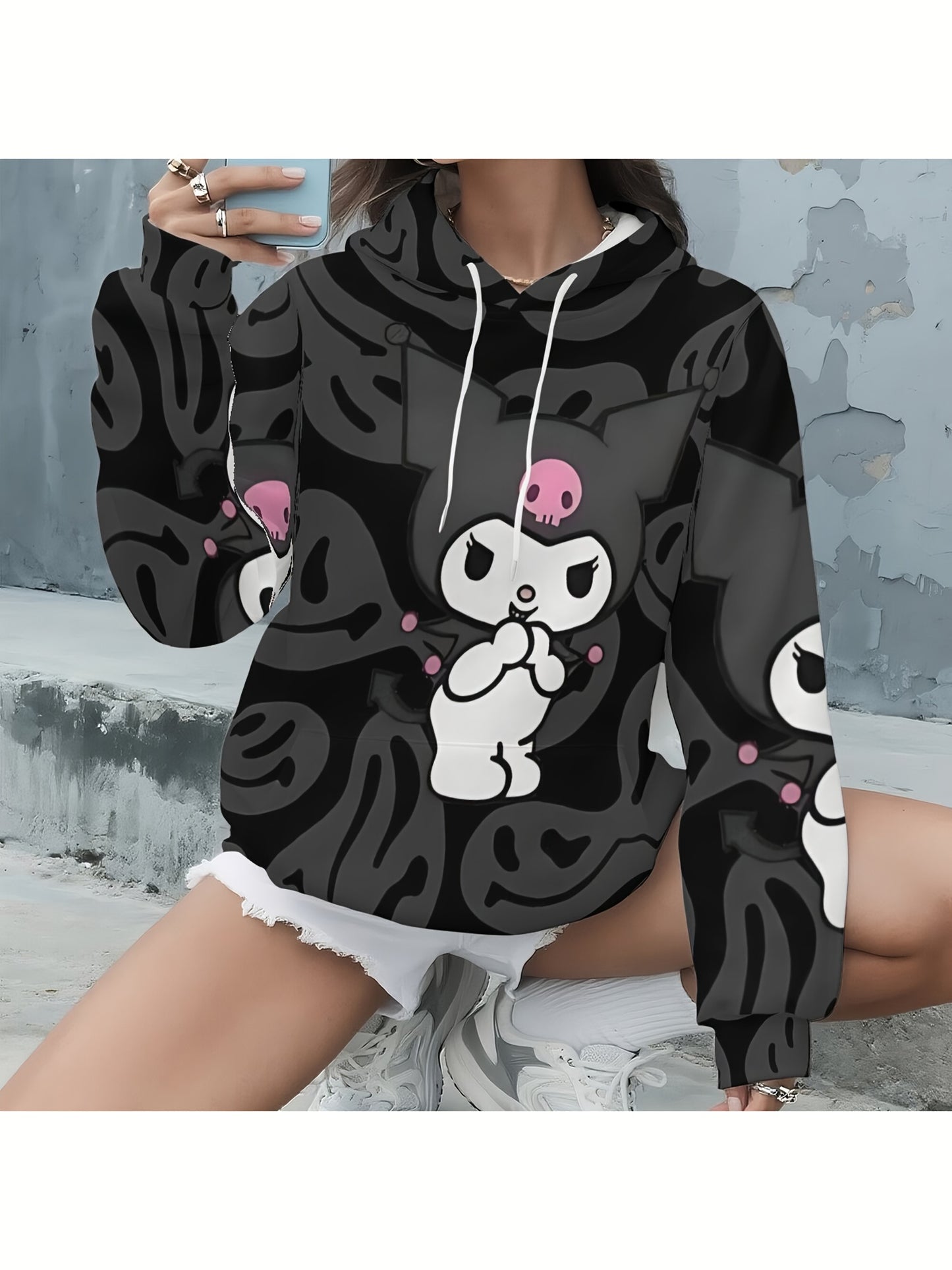 Sanrio Kawaii Kuromi Women's Plus Size Hoodie - Cute Kuromi Face & Iconic Pink Bow Print, Soft Warm Pullover Sweatshirt with Pockets