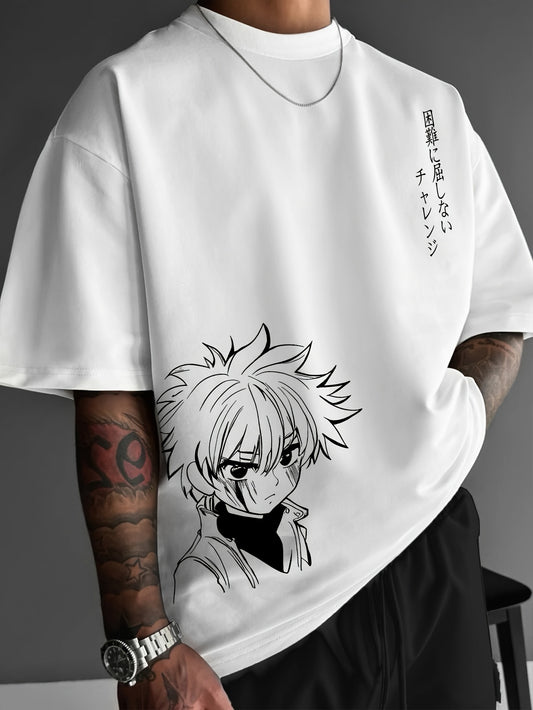 Men's Casual Streetwear Anime T-Shirt with Anime Character Print, Black Short Sleeve Tee, Loose Fit, Round Neck