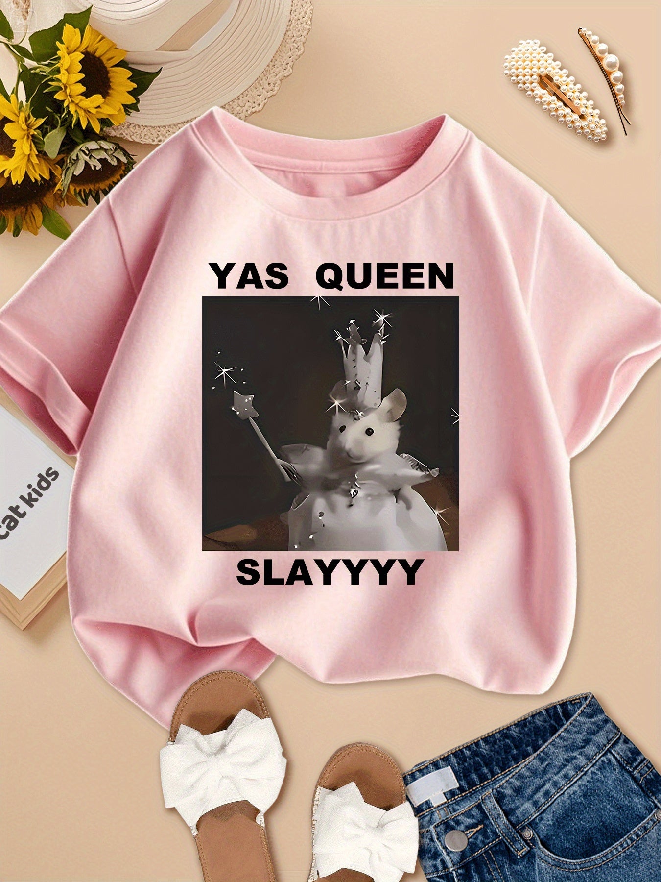 Girls' Kawaii Cute Hamster Pattern T-Shirt - "YAS QUEEN SLAYYYY"