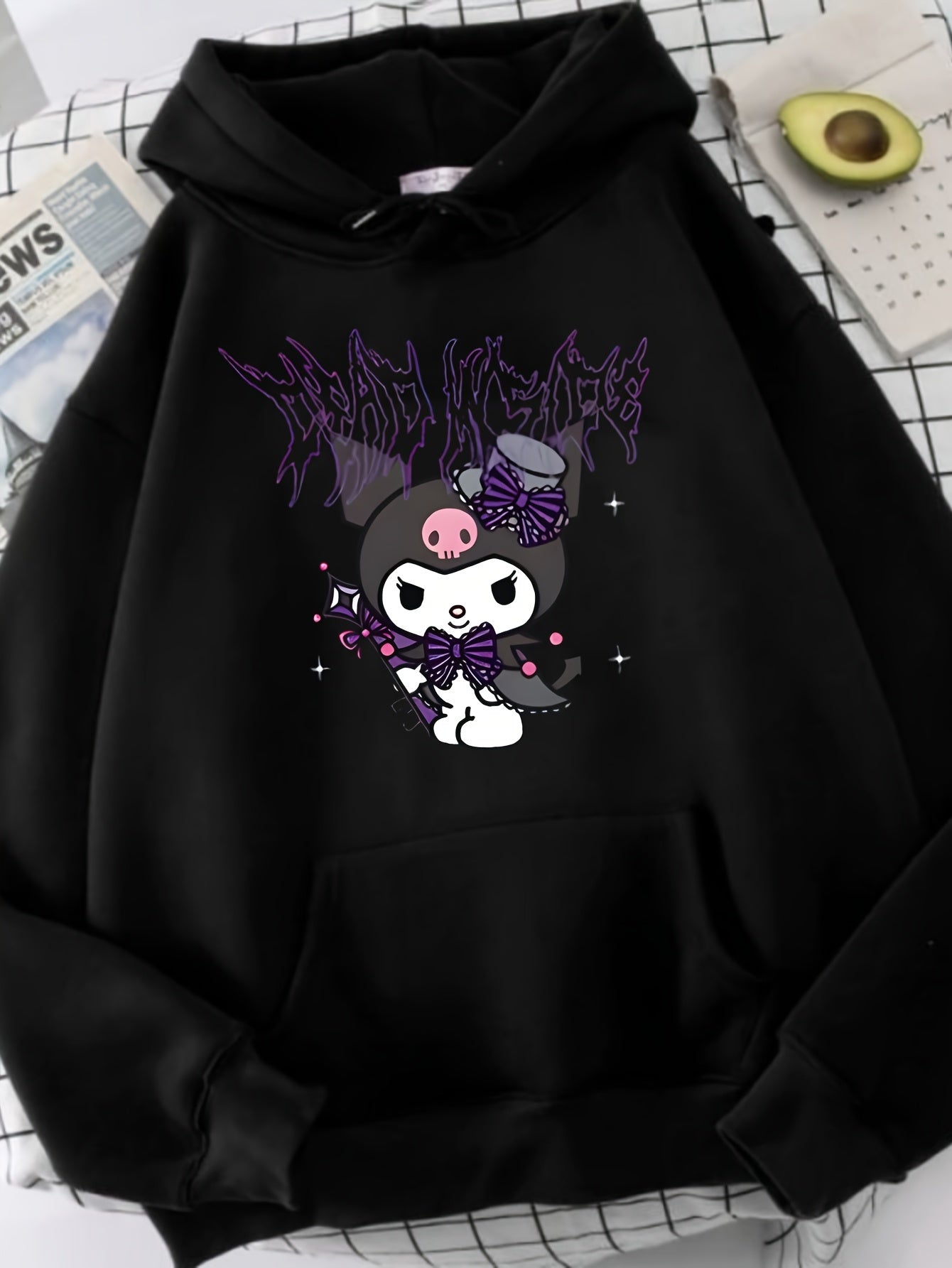 Men's & Women's Plus Size Sanrio Kuromi Anime Hoodie - Oversized Black Manga Sweatshirt with Purple Kuromi Logo