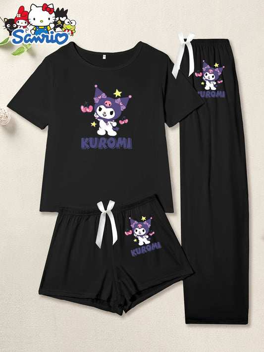 Kawaii Sanrio 3-Piece Kuromi Pajama Set for Women