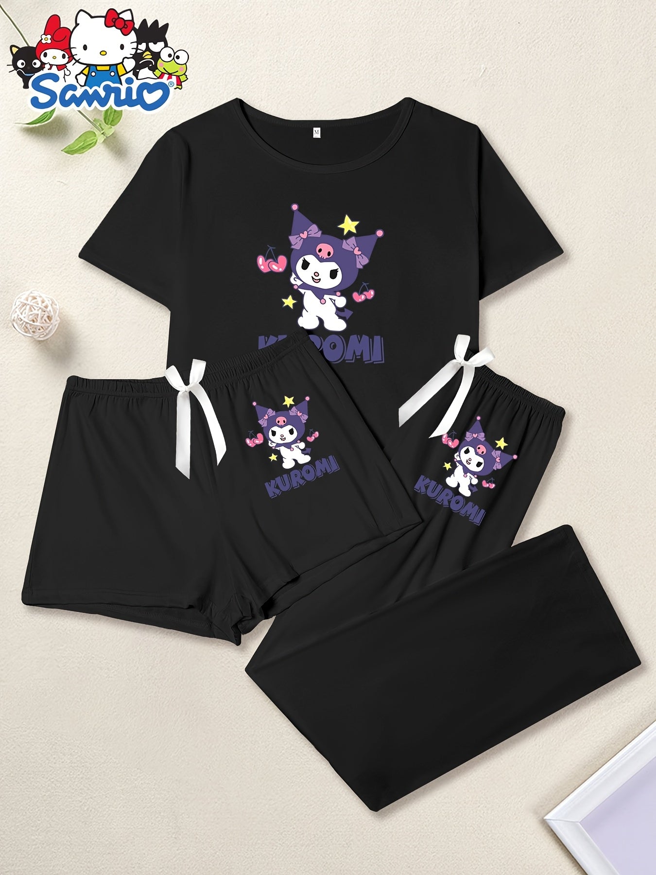 Kawaii Sanrio 3-Piece Kuromi Pajama Set for Women