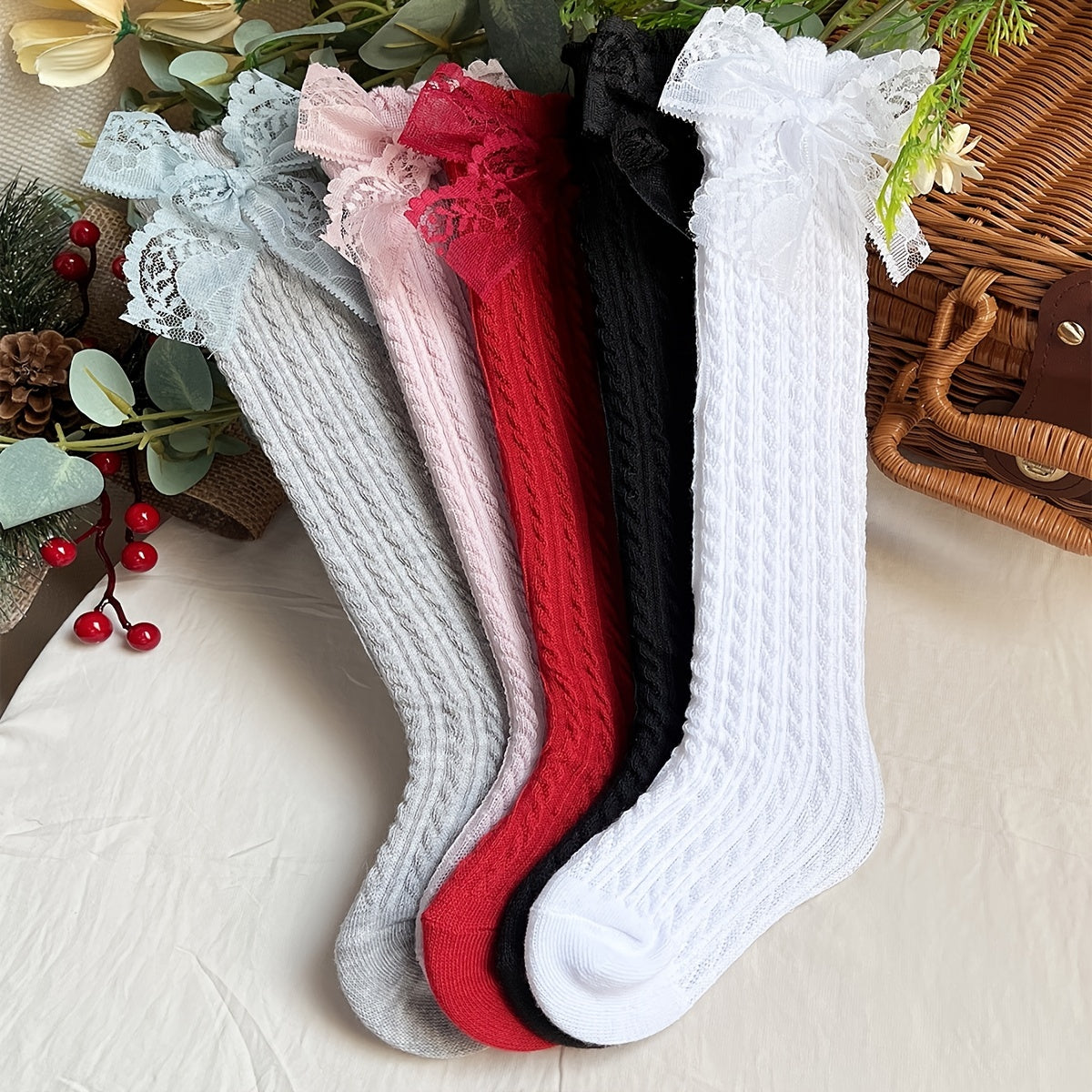 "5 Pairs of Girl's Solid Bow Striped Knee High Knitted Socks for Children - Breathable Comfy Long Stockings for Daily Trendy Wear