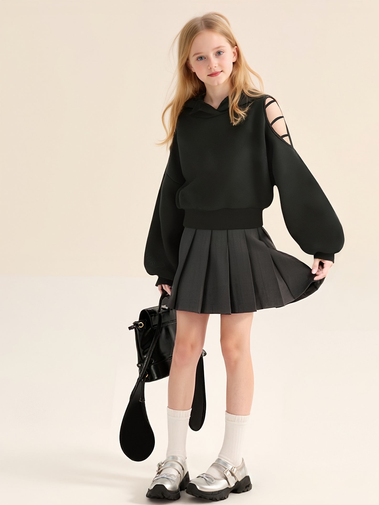 Black Cat Ear Hoodie - Casual Long Sleeve Pullover with Ruffled Details