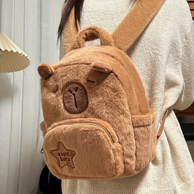 "Capybara Plush Backpack - Animal Print Faux Fur Bag