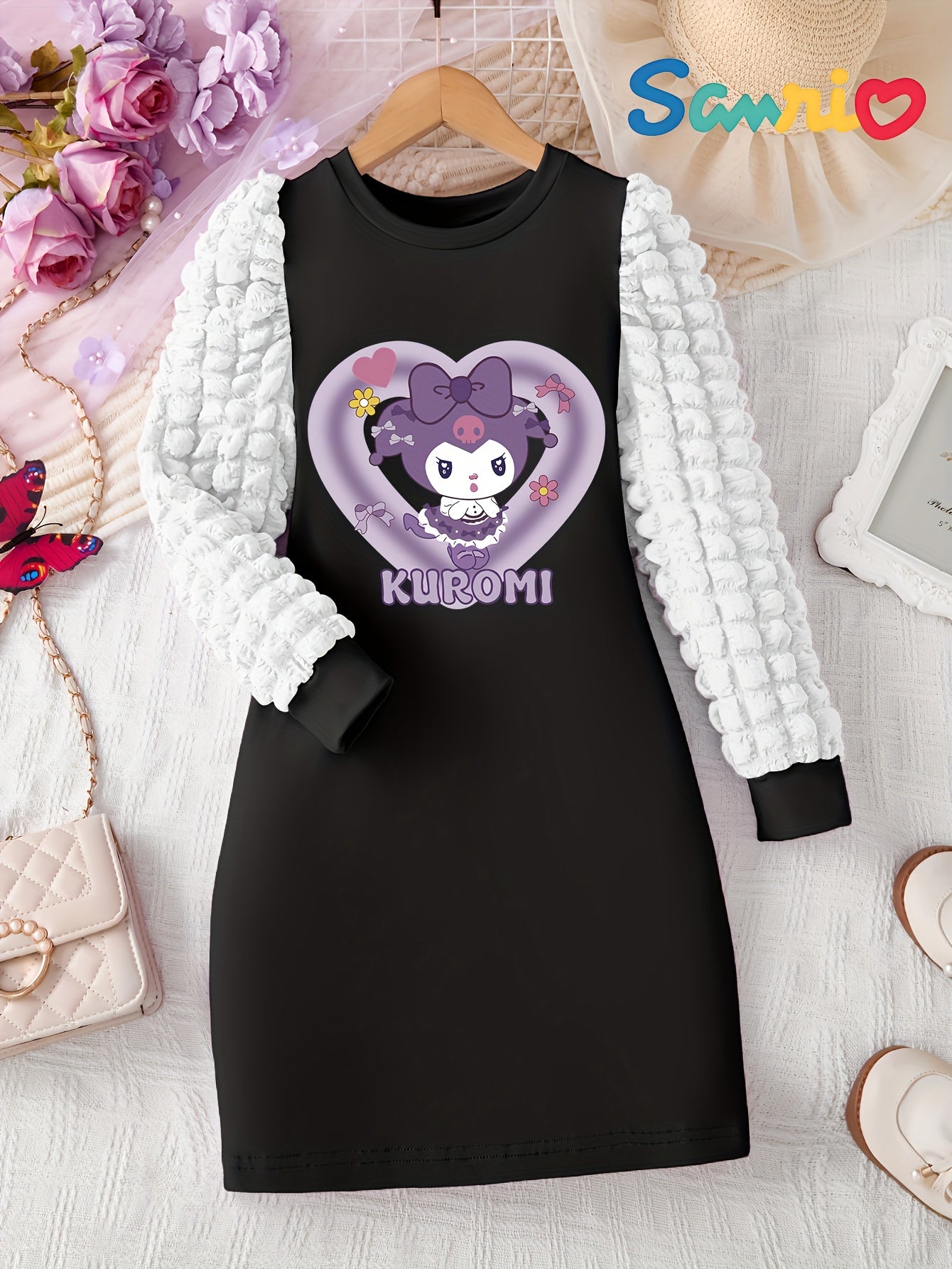Sanrio Kuromi Long Sleeve Puff Sleeve Kawaii Dress with A-Line Hem – Cute Anime Birthday Party Outfit, Machine Washable, Spring/Fall, Black & Purple Cupcake, Hearts & Melody Print – Stylish Puff Sleeves, Ideal Gift