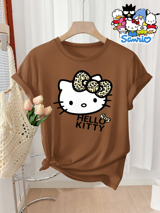 Sanrio Women's Casual Short Sleeve T-Shirt - Hello Kitty Leopard Print