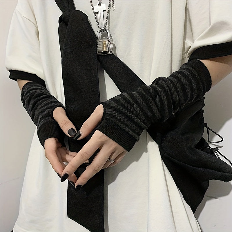 Dark Coquette Striped Knitted Gloves -  Mid-Length, Fingerless