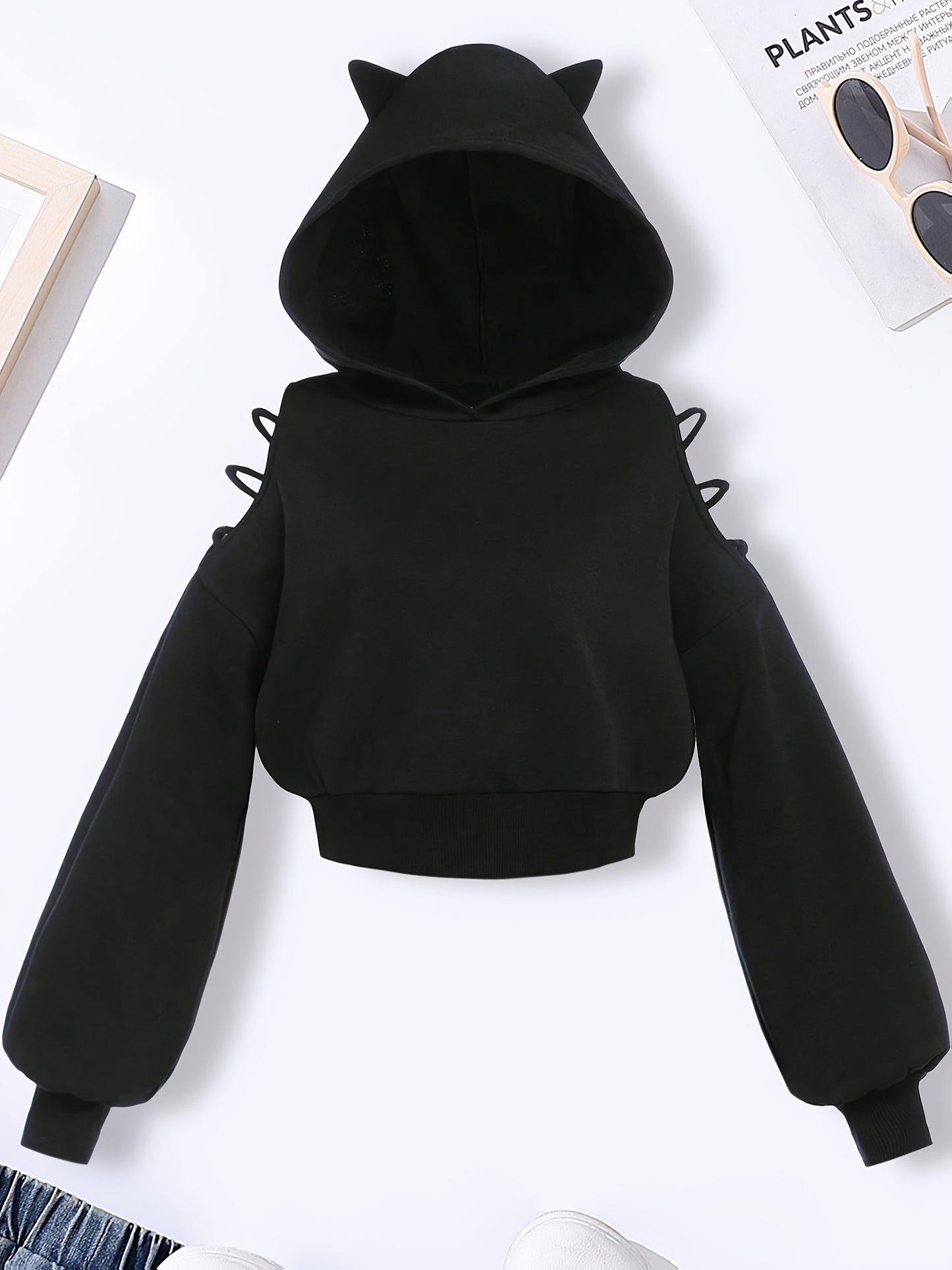 Black Cat Ear Hoodie - Casual Long Sleeve Pullover with Ruffled Details