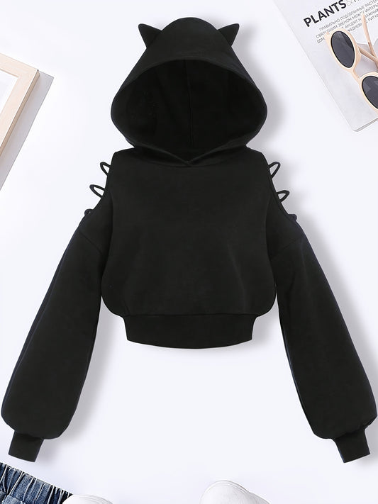 Black Cat Ear Hoodie - Casual Long Sleeve Pullover with Ruffled Details