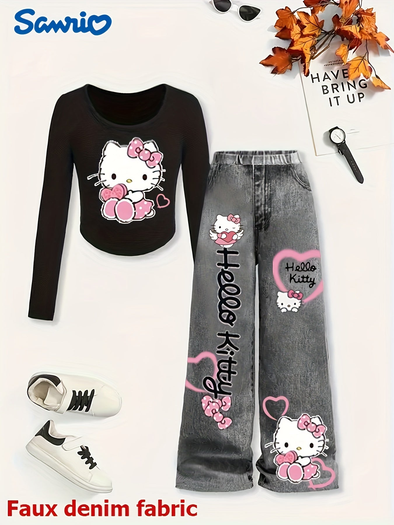 Hello Kitty Street Style Set! - Heart Bow Print Tee & Denim Straight Pants (Two-Piece)