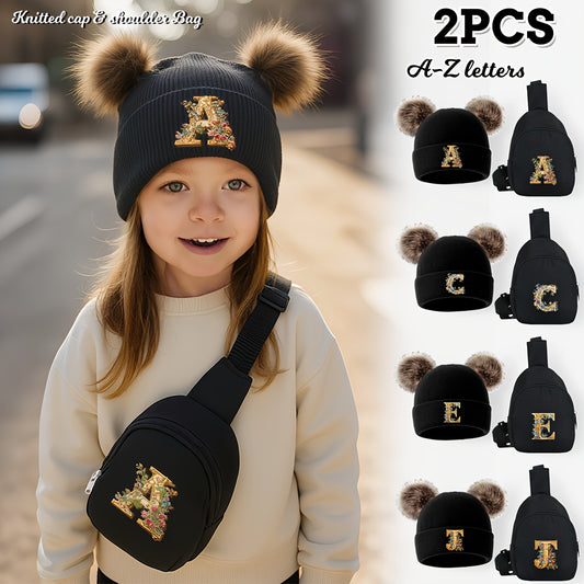 2pcs Set Girls Luxury Glitter-like Lettering Knit Hat & Chest Bag Set - 26 Alphabet Options (A-Z) - Initials, - Easy-Care Knit Design with Double Pom-Pom Hat &