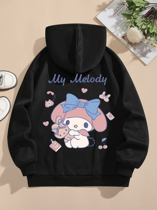 Sanrio My Melody Black Hoodie - White with Pink Hearts & Bows Cute Character Print, Cozy Pullover Sweatshirt with Pockets, Soft Unisex Sweater