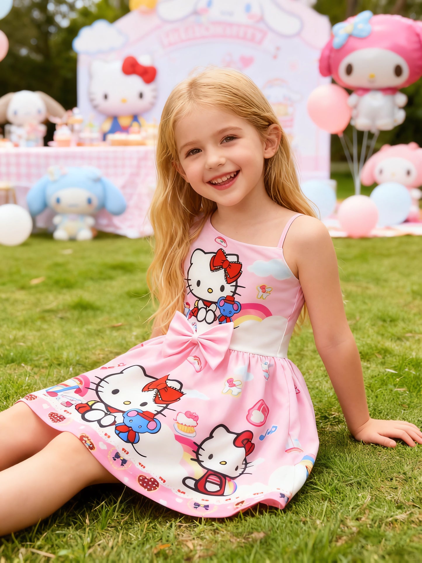 Sanrio Hello Kitty Princess Kawaii Dress - Officially Inspired Cute Anime with Iconic Bow & Hello Kitty Face, Sleeveless Party Dress for Birthday, Role Play, Year-Round Wear (Pink, Umbrella) - No Padding, Easy-Care
