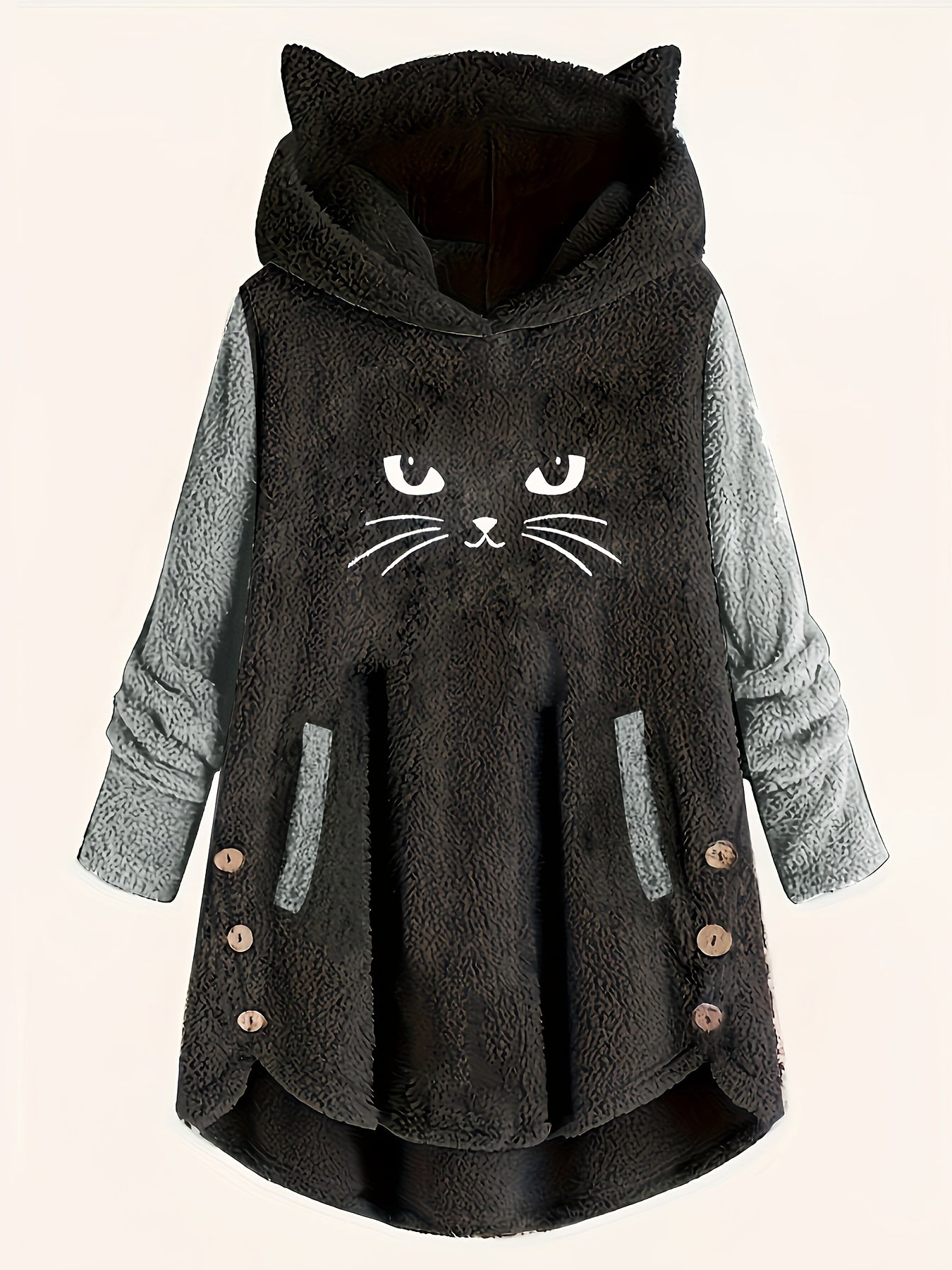 Cat Hoodie - Casual Faux Fur Color Block Pullover with Detail, Button Accents, and Side Pockets