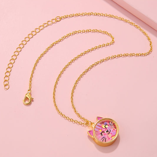 Kawaii Cute Cat Pendant Necklace with Sparkling Confetti & Adjustable Chain - 18k Gold Plated