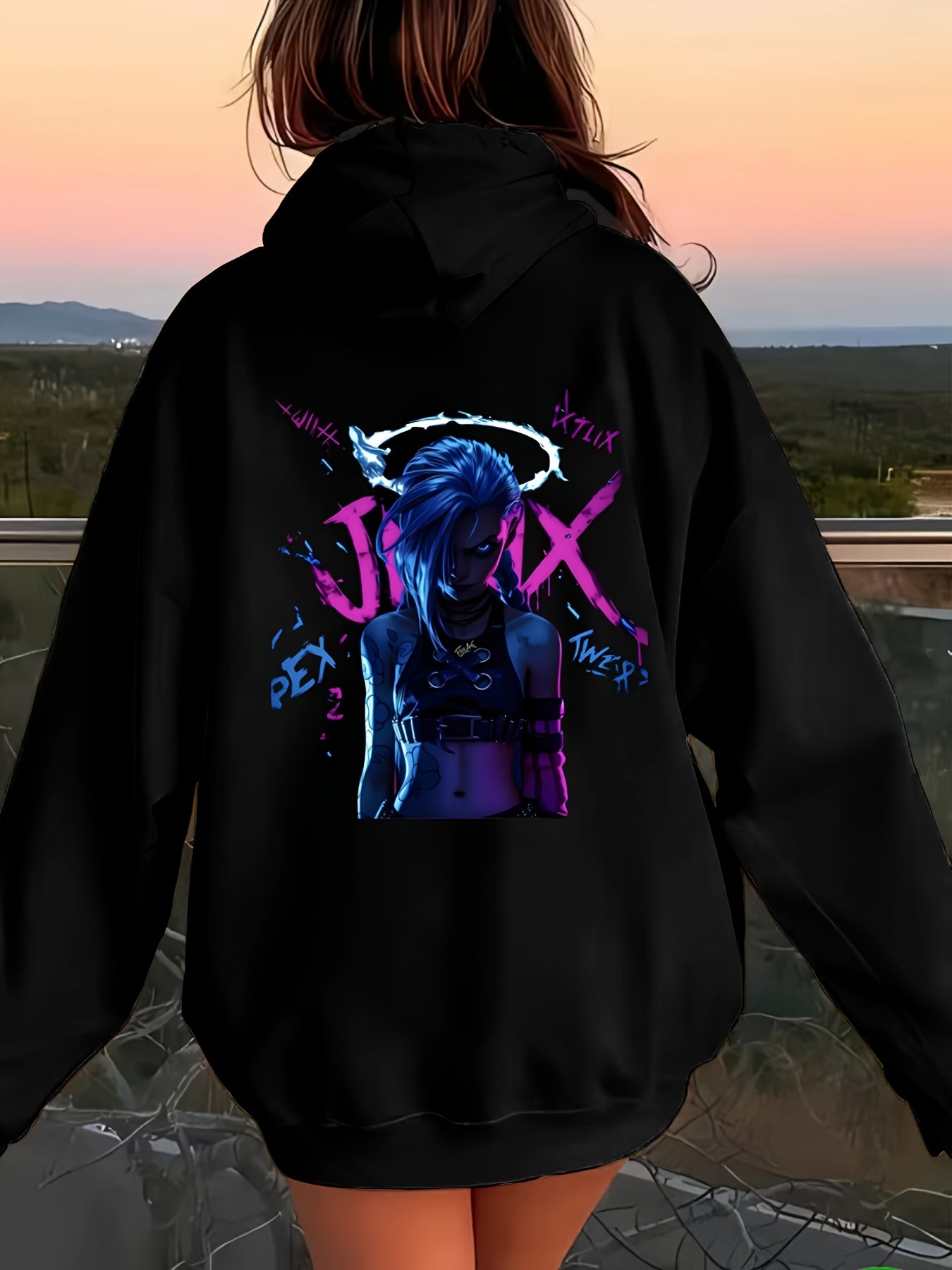 Vibrant Anime-Inspired Girl Hoodie Featuring Blue-Haired Character with White Halo – Edgy Urban Pullover with Pink & Blue Accents, Perfect for Trendsetters