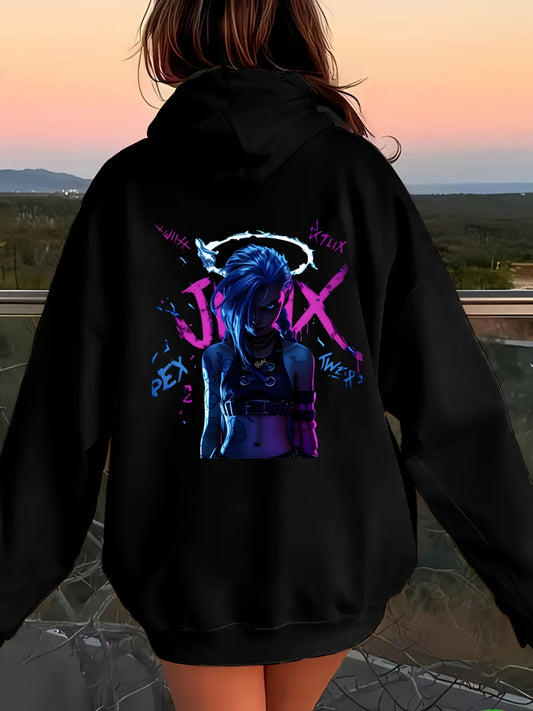 Vibrant Anime-Inspired Girl Hoodie Featuring Blue-Haired Character with White Halo – Edgy Urban Pullover with Pink & Blue Accents, Perfect for Trendsetters