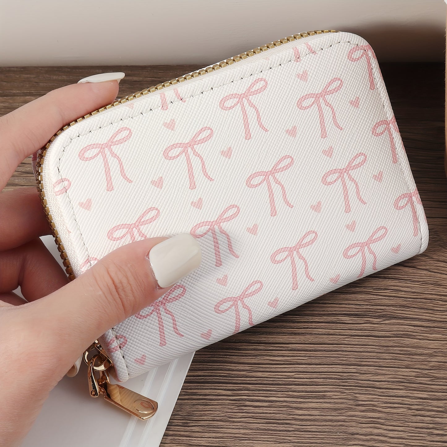 Cutecore Pink Bow Pattern Card Wallet with Zipper Closure
