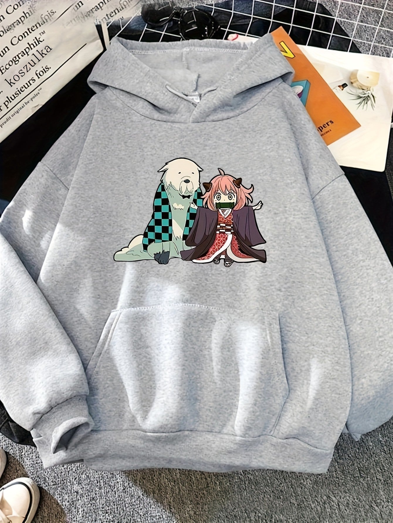 Women's Anime Girl Hoodie - Manga Character Print, 100% Polyester-Spandex Blend, Loose Fit Long Sleeve Pullover with Hood & Front Pocket, All-Season Casual Streetwear for Everyday Wear
