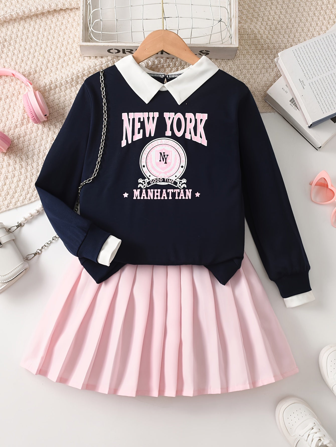 Girl's Letter Print Faux Two-Piece Shirt Collar Long Sleeve Sweatshirt + Skirt, 2pcs Outfit
