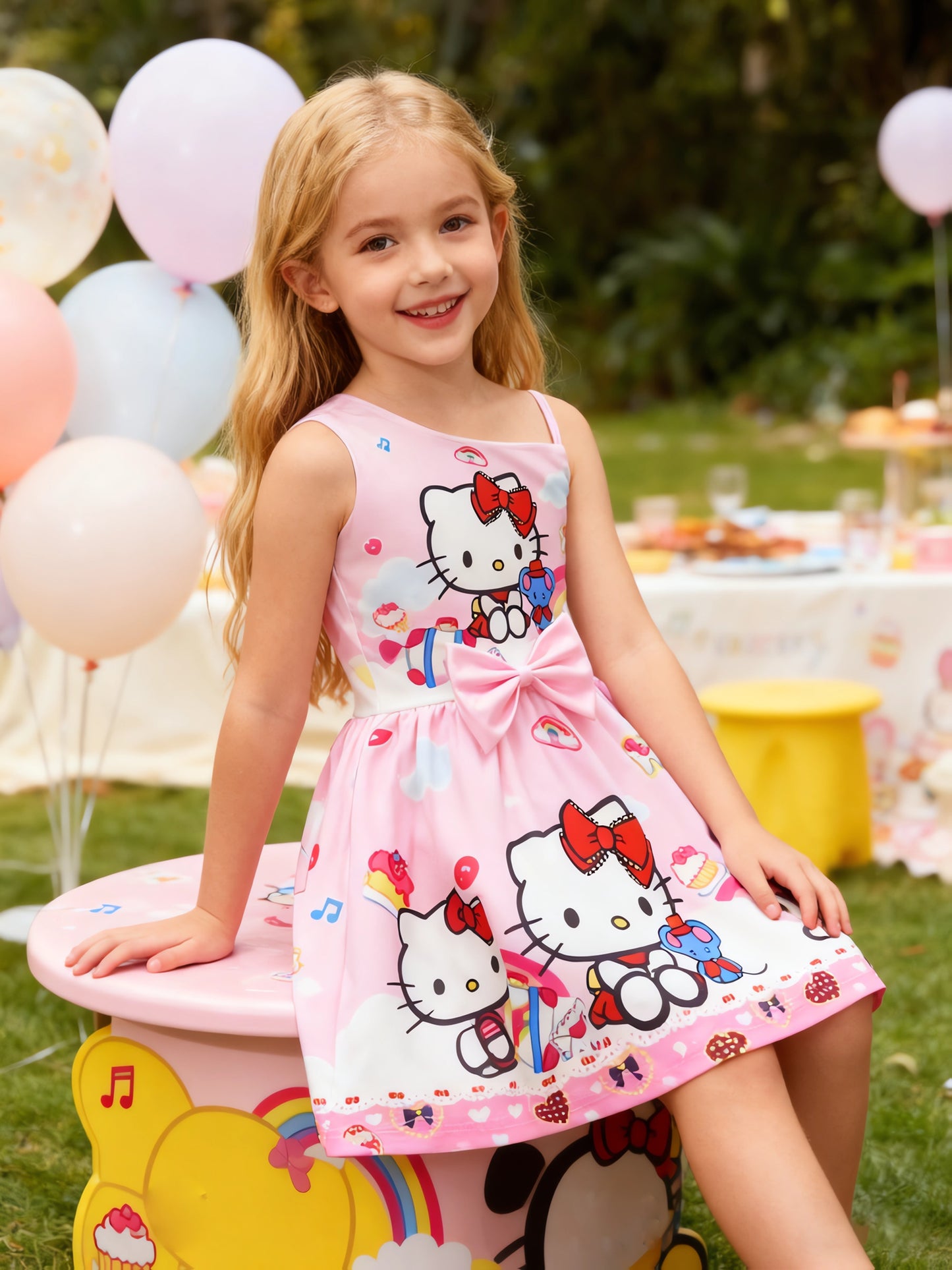 Sanrio Hello Kitty Princess Kawaii Dress - Officially Inspired Cute Anime with Iconic Bow & Hello Kitty Face, Sleeveless Party Dress for Birthday, Role Play, Year-Round Wear (Pink, Umbrella) - No Padding, Easy-Care