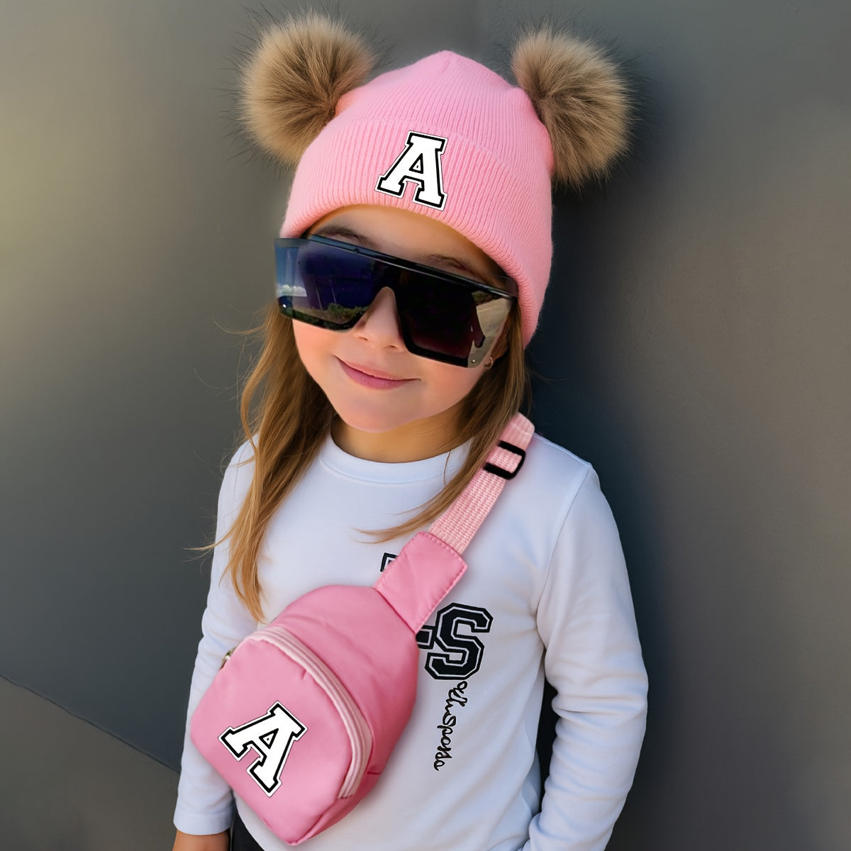 2pcs Girls' Letter & Number (A-Z) Name Set - Matching Pom-Pom Hat & Crossbody Bag