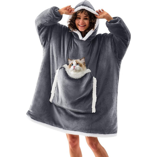 The Pet Pocket Wearable Blanket Hoodie - Oversized, Sherpa-Lined, Cozy Winter Sweatshirt with Cat/Dog Pouch