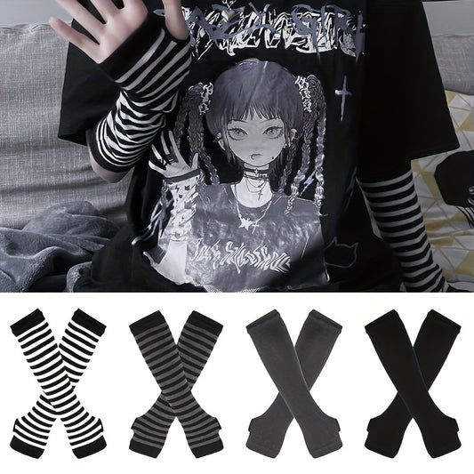 Dark Coquette Striped Knitted Gloves -  Mid-Length, Fingerless
