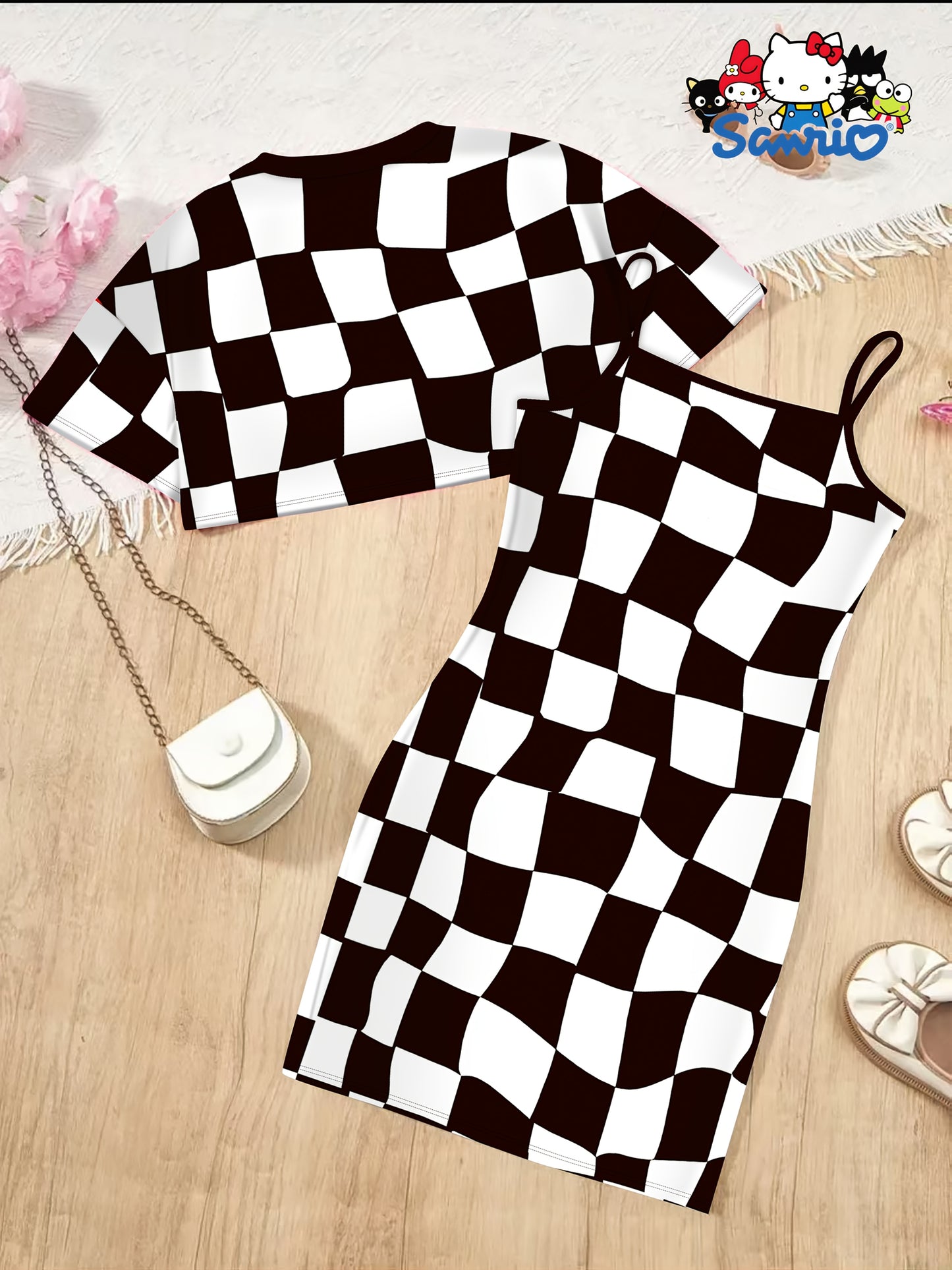 Girls' Cute Casual Sanrio Kuromi Cat Girl Two-Piece Set – Round Neck Curved Top & Suspender Hip Skirt