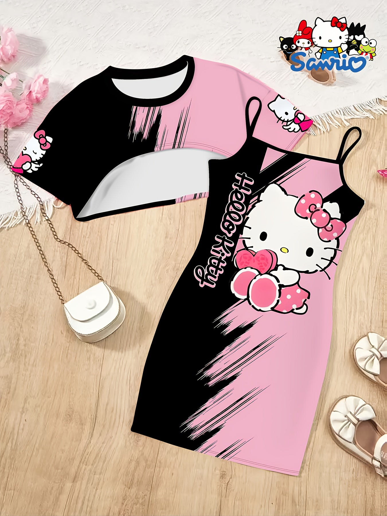 Girls' Cute Kawaii Sanrio Cat Girl Hello Kitty Print Round Neck Curved Top & Suspender Skirt Two-Piece Set – Perfect Outdoor Outfit for Girls
