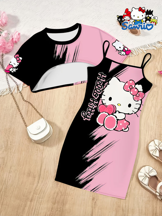 Girls' Cute Kawaii Sanrio Cat Girl Hello Kitty Print Round Neck Curved Top & Suspender Skirt Two-Piece Set – Perfect Outdoor Outfit for Girls