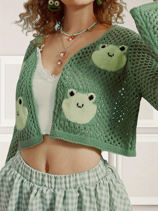 Elegant Semi-Sheer Cardigan - Kawaii Cute Core Frog Pattern