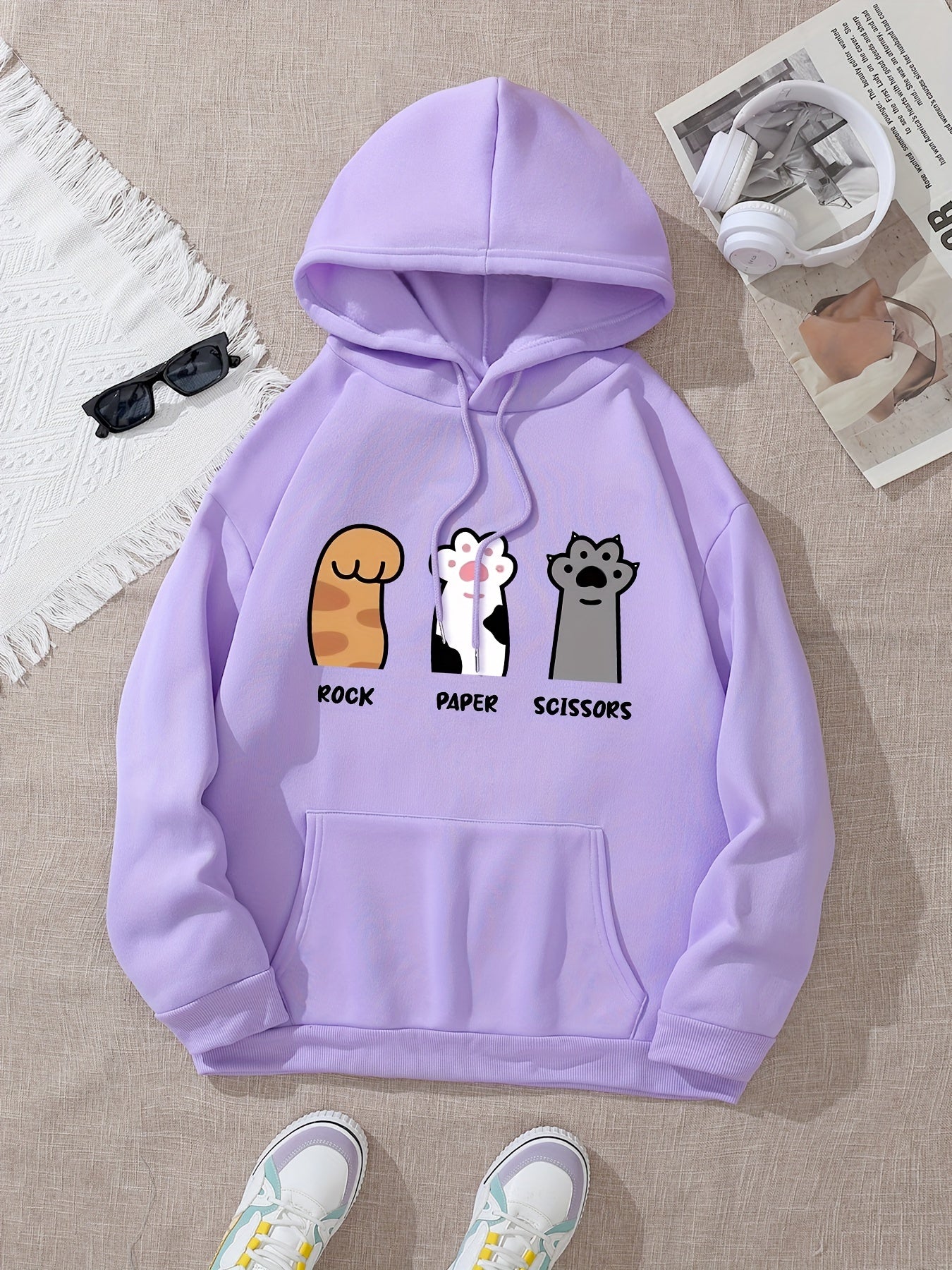 Adorable Rock, Paper, Scissors Kawaii Cat Paw Graphic Hoodie