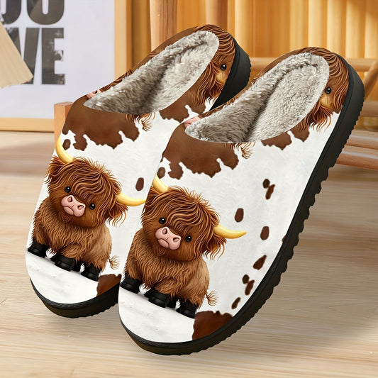 Women'S Plush Highland Cow Slippers - Cozy Fleece-Lined Slip-On House Shoes