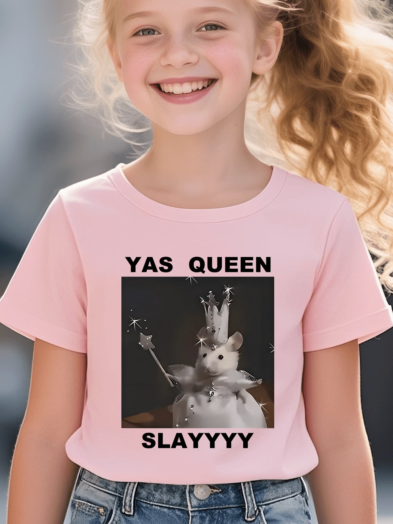 Girls' Kawaii Cute Hamster Pattern T-Shirt - "YAS QUEEN SLAYYYY"