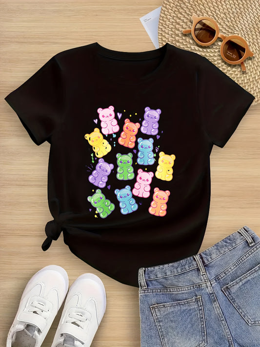 Adorable Rainbow - Colored Gummy Bear Graphic Cotton T - Shirt