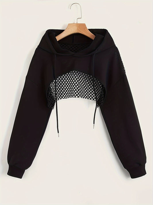 Sporty and Cute Crop Hooded Sweatshirt, Drawstring Long Sleeve Pullover Hoodie