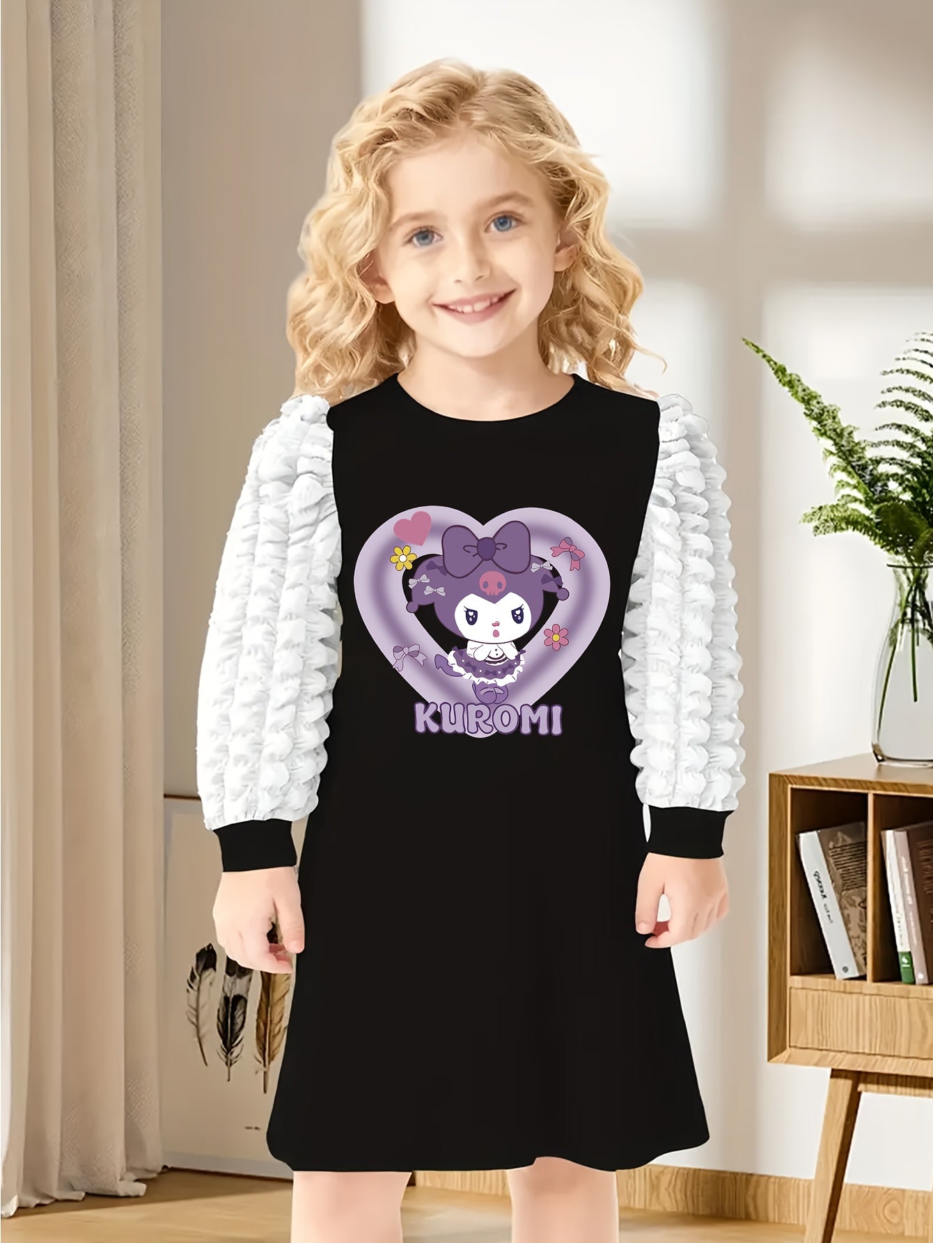 Sanrio Kuromi Long Sleeve Puff Sleeve Kawaii Dress with A-Line Hem – Cute Anime Birthday Party Outfit, Machine Washable, Spring/Fall, Black & Purple Cupcake, Hearts & Melody Print – Stylish Puff Sleeves, Ideal Gift