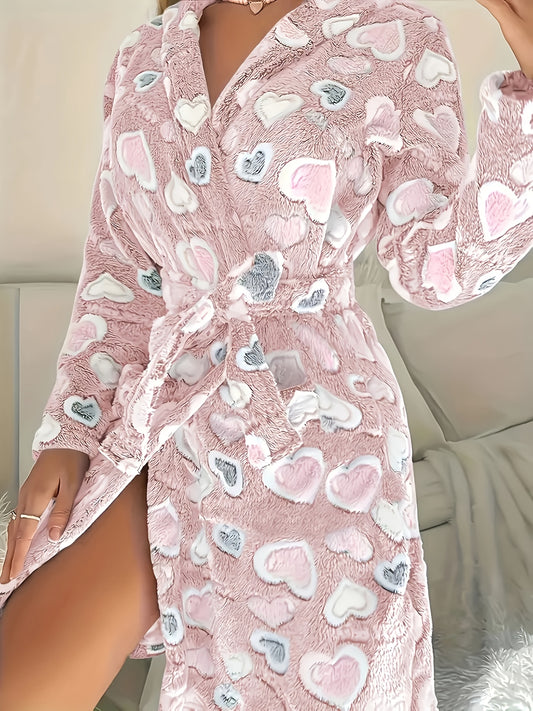Cozy Fleece-Lined Women's Robe with Heart Pattern, Long Sleeves, and Pockets - Warm Autumn/Winter Home Loungewear, Light Grey, Cozy Robe