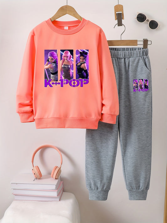 Y2K Aesthetic K-Pop Matching Set for Girls - Oversized Anime Graphic Pullover & Sweatpants Outfit