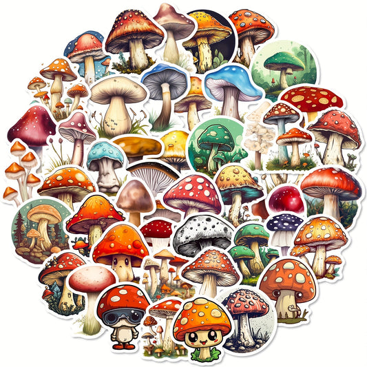 50pcs Whimsy Woods Mushroom Stickers - Reusable Cartoon Decals - Self-Adhesive