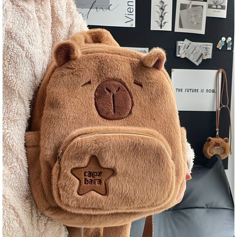 "Capybara Plush Backpack - Animal Print Faux Fur Bag